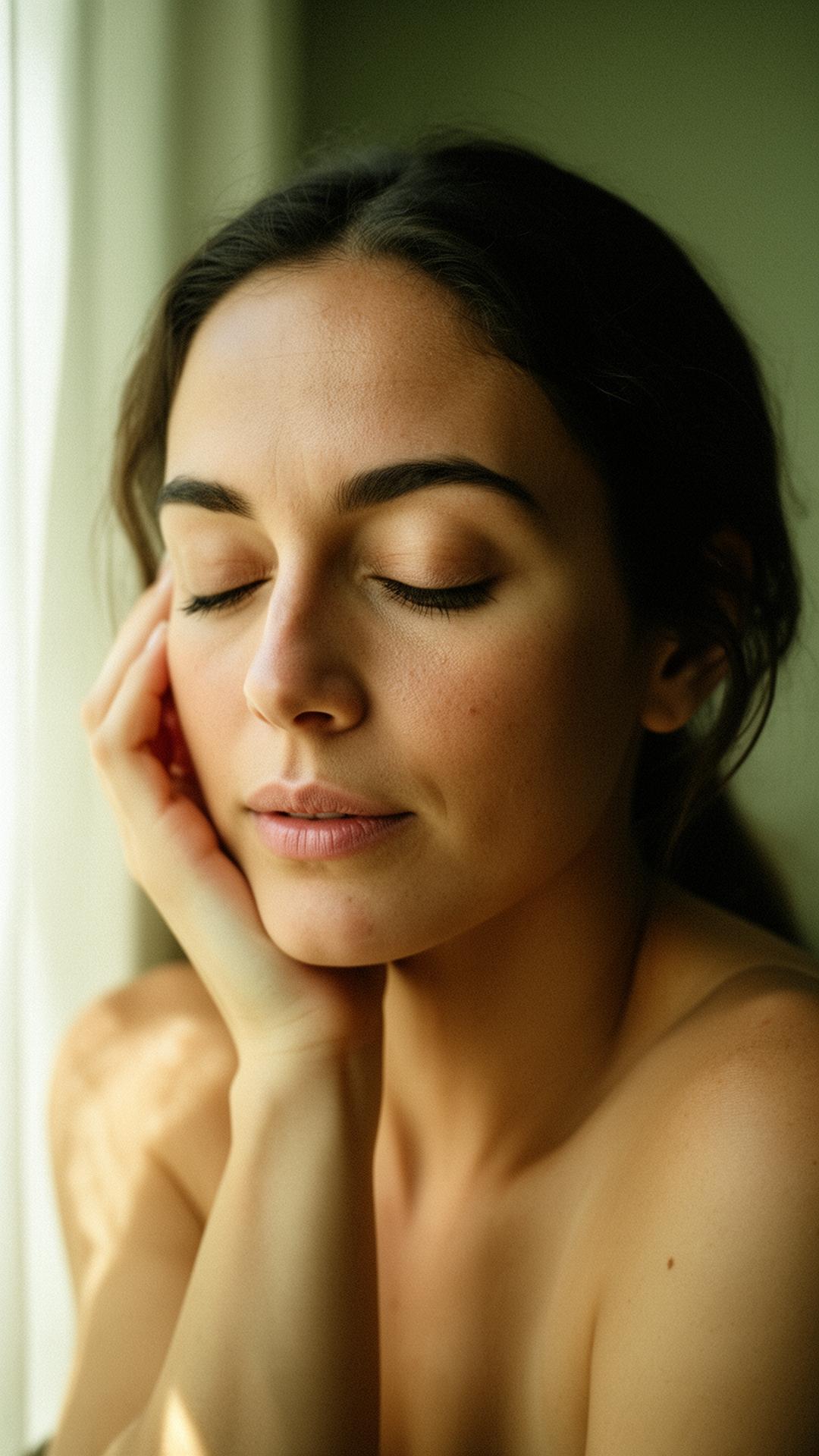 Retrato íntimo de una mujer con los ojos cerrados, en un momento de calma junto a una ventana con luz natural