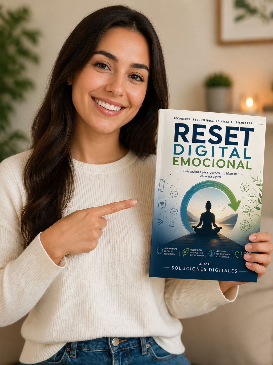 Mujer en calma sosteniendo el libro Reset Digital Emocional
